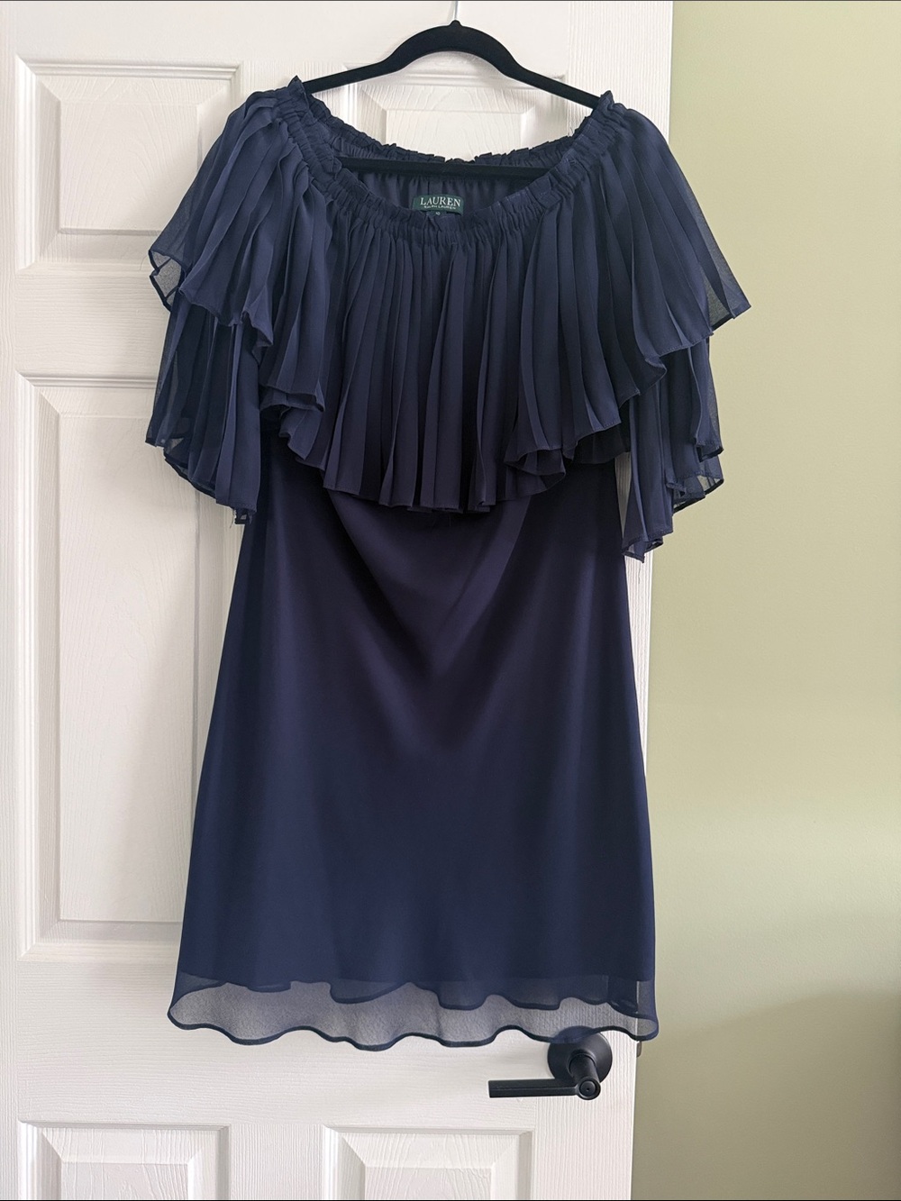 Lauren Ralph Lauren Navy One-Shoulder Pleated Ruffle Dress